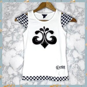 Dereon Girls Y2K Fleur De Lis VELVET Cold Shoulder Rhinestone Graphic Tee Med